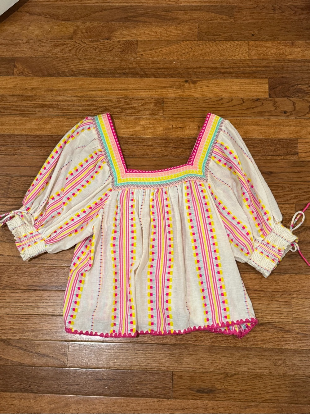 SAYLOR Women’s Cream Peasant Top with Pink & Yellow Stripe Detail